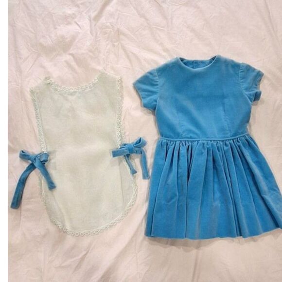 Toddler Dress Homemade Vintage Blue Velvet with White Pinafore - Picture 6 of 12